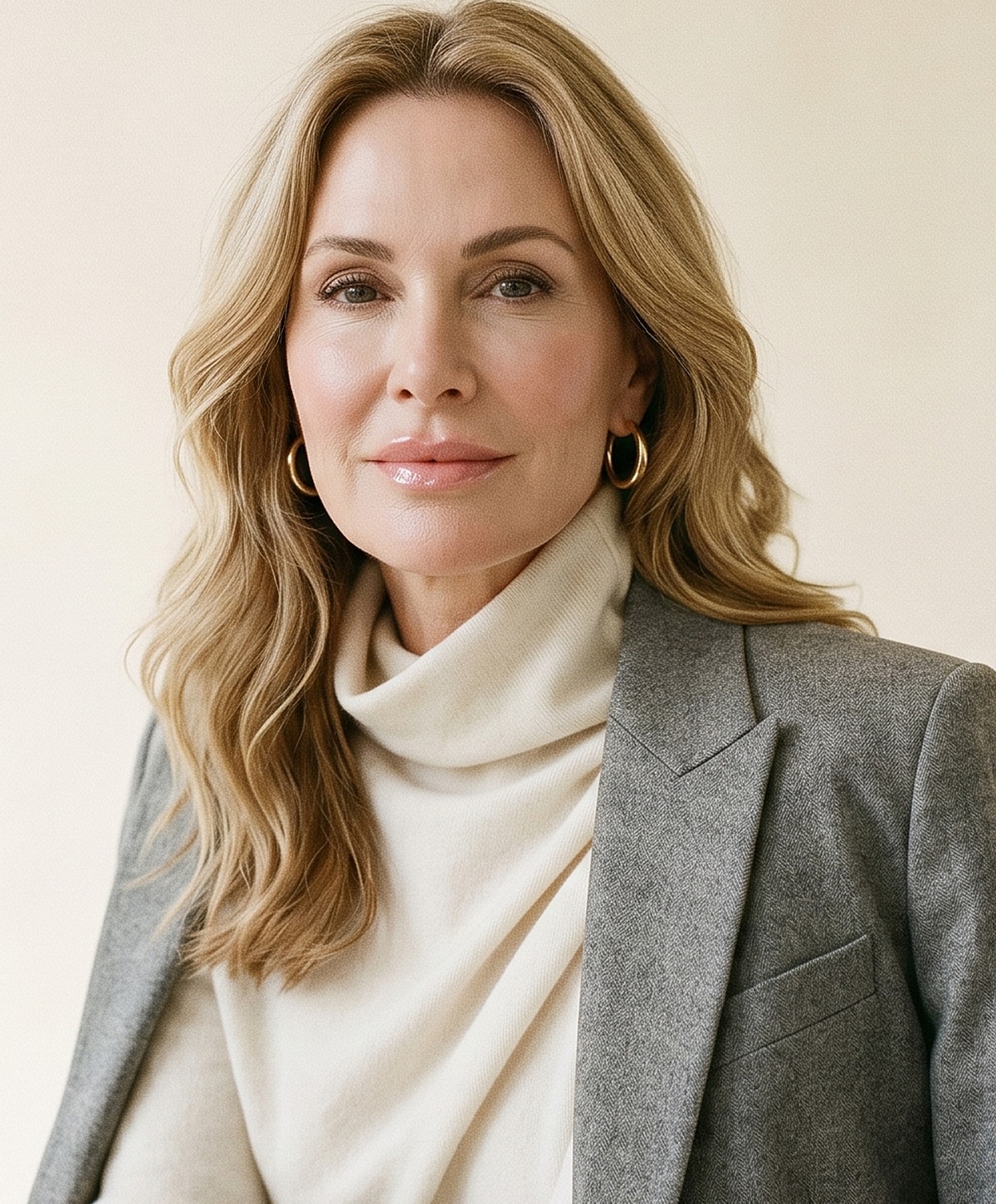 Woman with wavy hair wearing a turtleneck sweater.