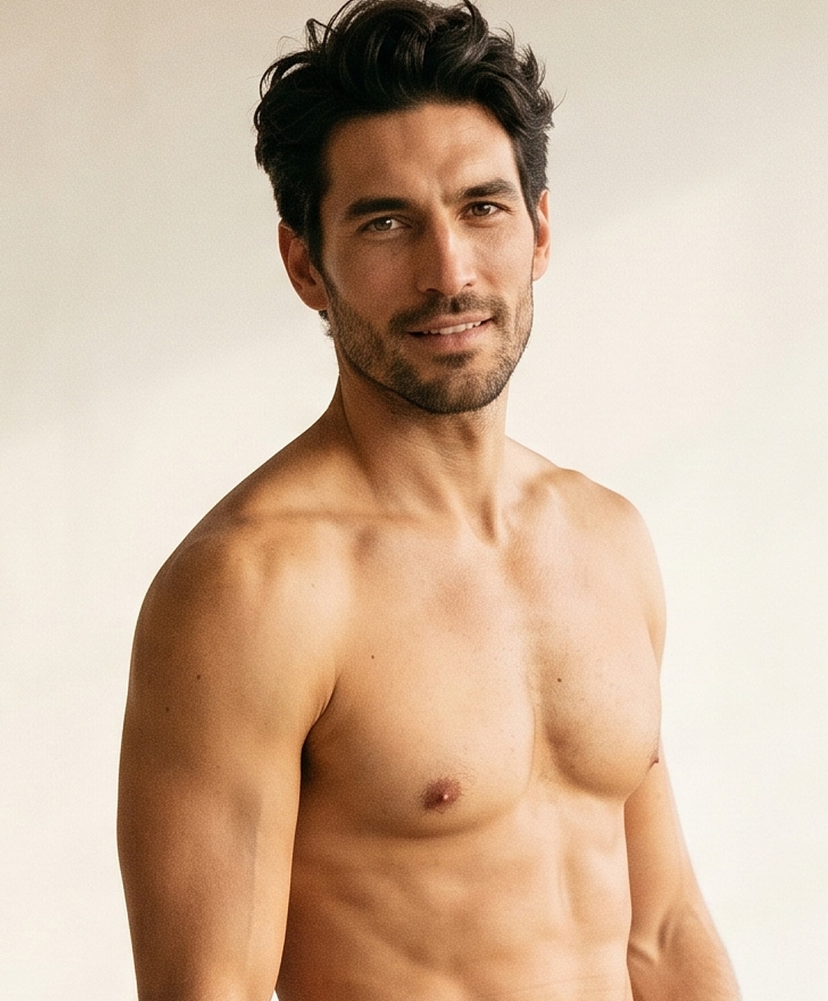 Shirtless man with short, dark hair smiling.