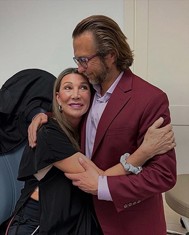 Couple embracing in a casual setting.